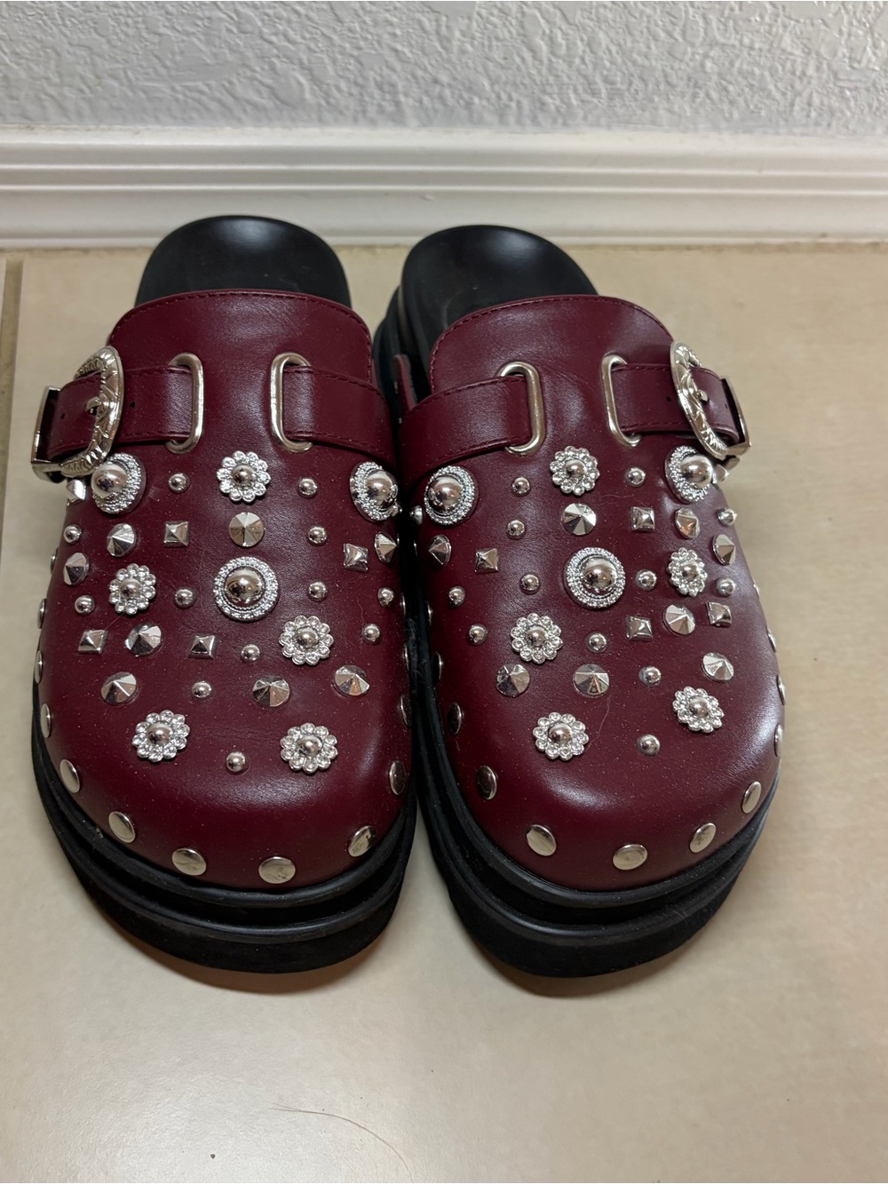 Studded Burgundy Leather Clog Mules